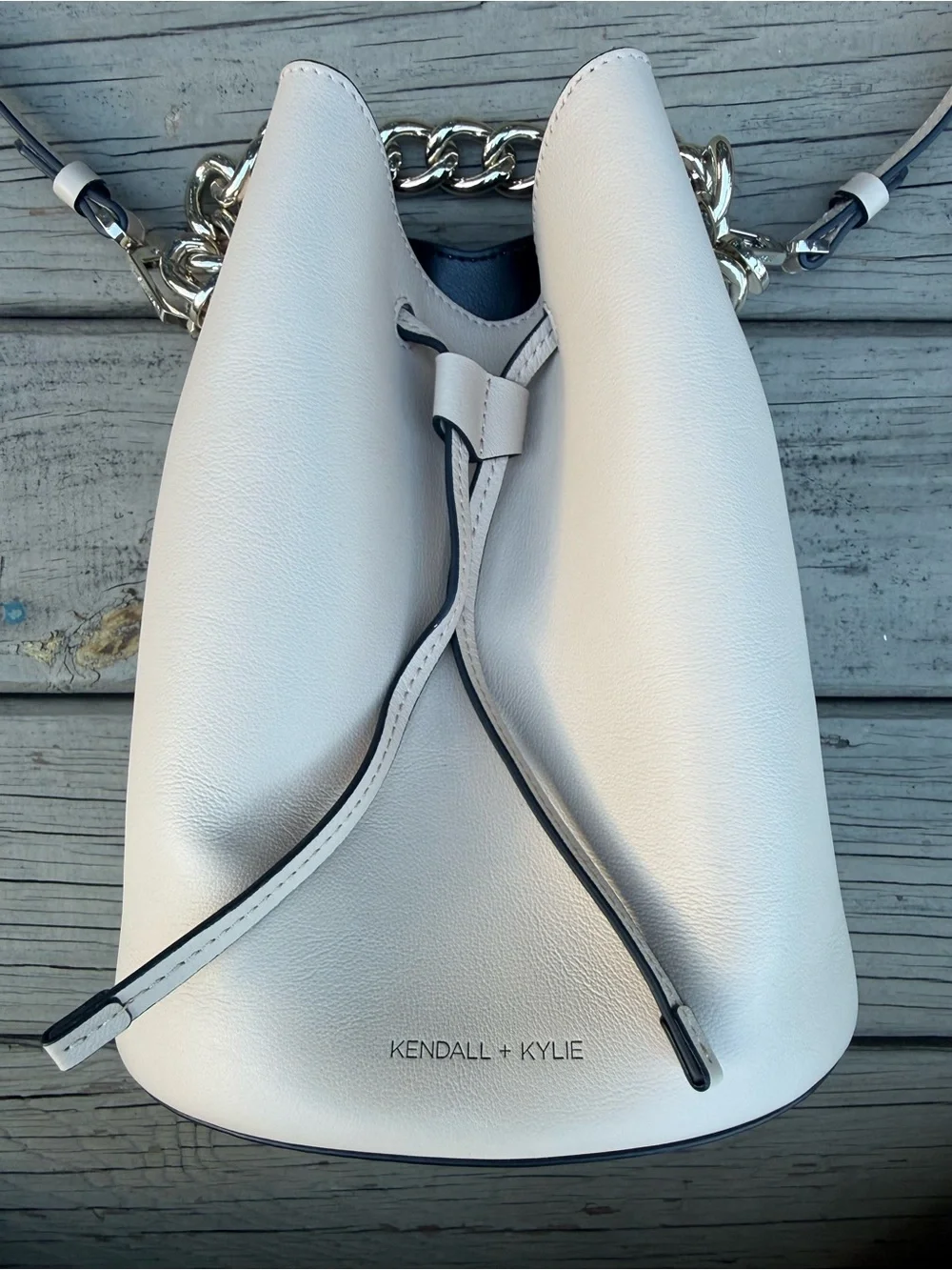 Kendall & Kylie Light Tan Leather Bucket Bag with Chain Strap